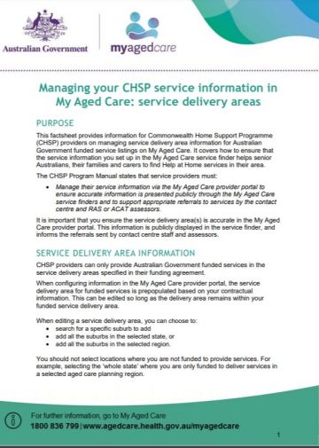 Cover image for Managing your CHSP service information in My Aged Care: service delivery areas
