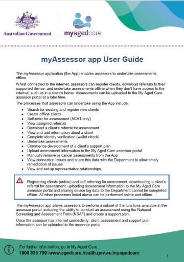 Cover image for My Aged Care – myAssessor App User Guide