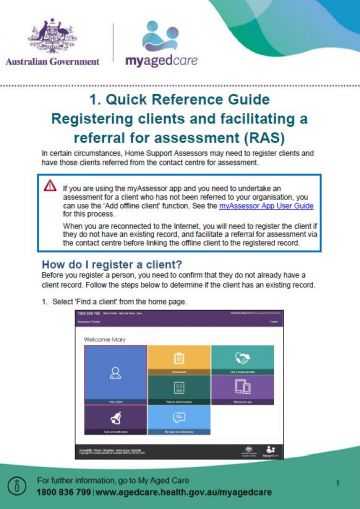 Cover image for My Aged Care quick reference guide 1 – Registering clients and facilitating referrals for assessment (RAS)