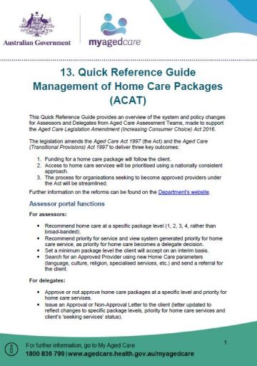 Cover image for My Aged Care quick reference guide 13 – Management of Home Care Packages (ACAT)