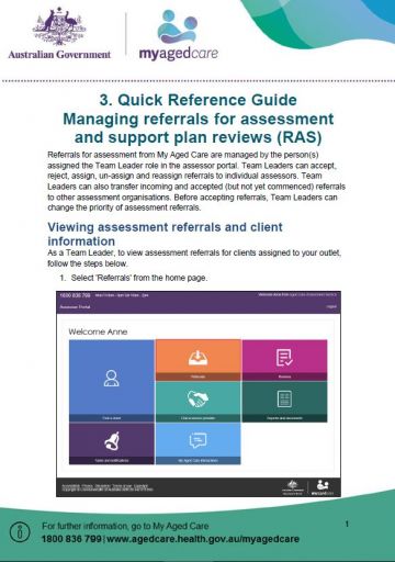 Cover image for My Aged Care quick reference guide 3 – Managing referrals for assessment and support plan reviews (RAS)