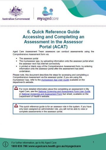 Cover image for My Aged Care quick reference guide 6 – Accessing and completing an assessment in the assessor portal