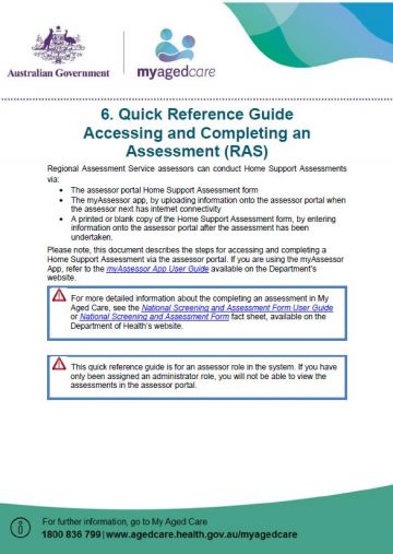 Cover image for My Aged Care quick reference guide 6 – Accessing and completing an assessment in the assessor portal (RAS)