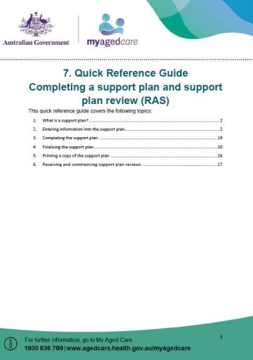Cover image for My Aged Care quick reference guide 7 – Completing a support plan and support plan review (RAS)