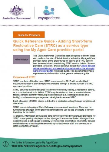 Cover image for My Aged Care quick reference guide – Adding short-term restorative care (STRC) as a service type