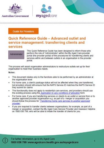 Cover image for My Aged Care quick reference guide – Advanced outlet and service management: transferring clients and services