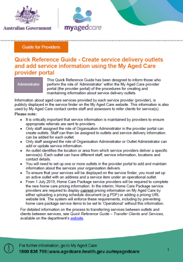 Cover image for My Aged Care Quick Reference Guide – Create Service Delivery Outlets and Add Service Information