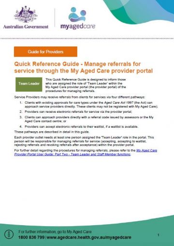 Cover image for My Aged Care quick reference guide – Manage referrals for service