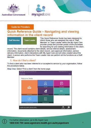 Cover image for My Aged Care quick reference guide – Navigating and viewing information in the client record