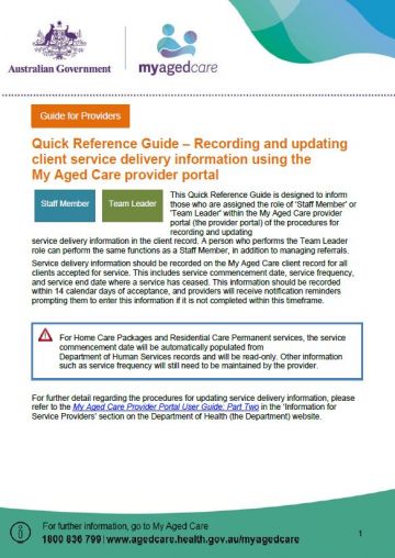 Cover image for My Aged Care quick reference guide – Recording and updating client service delivery information