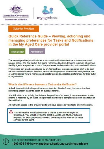 Cover image for My Aged Care quick reference guide – Viewing, actioning and managing preferences for tasks and notifications