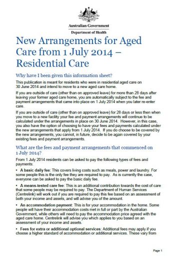New Arrangements for Aged Care from 1 July 2014 — Residential Care cover image