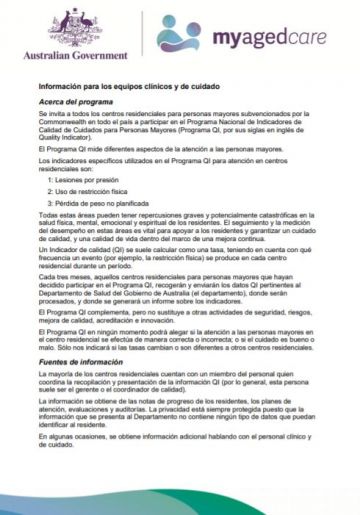 Cover image for Quality Indicators in Residential Aged Care for Clinical and Care Team Spanish