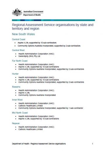 Cover of Regional Assessment Service organisations by state and territory and region fact sheet