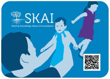 Graphic of a father holding a baby, child in background and sharing knowledge about immunisation logo.