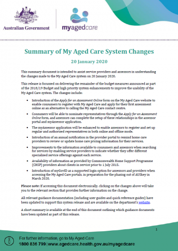 Cover image for Summary of My Aged Care system changes – January 2020.