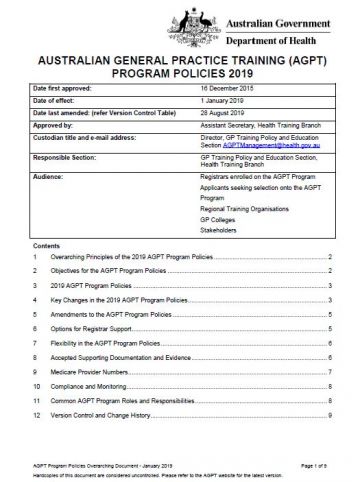 Cover image for AGPT Program Policies - overarching 2019