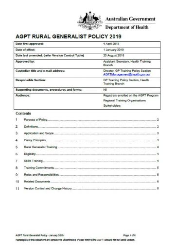 Cover image for AGPT Rural Generalist Policy 2019