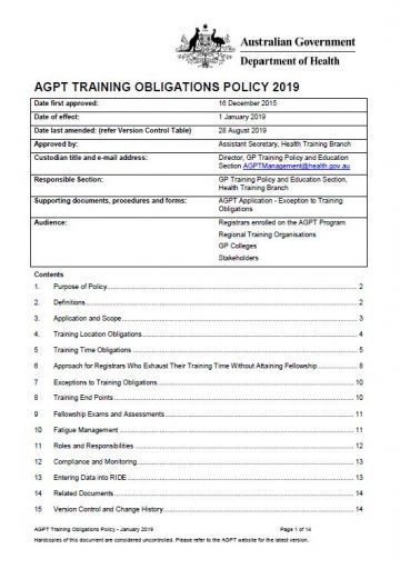 Cover image for AGPT Program Training Obligations Policy 2019