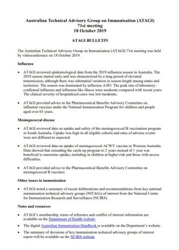 ATAGI 71st Meeting Bulletin, 18 October 2019