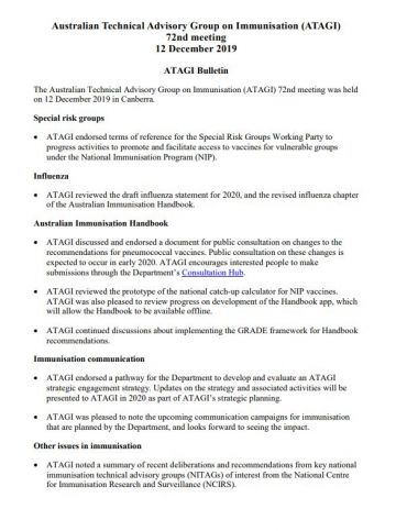 ATAGI 72nd Meeting Bulletin, 12 December 2019