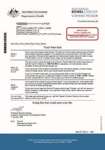 Cover image for National Bowel Cancer Screening Program – Invitation letter for 73 to 74-year-olds
