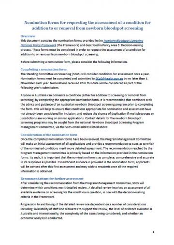 Cover image for Nomination Form for Requesting the Assessment of a Condition for Addition to or Removal from Newborn Bloodspot Screening