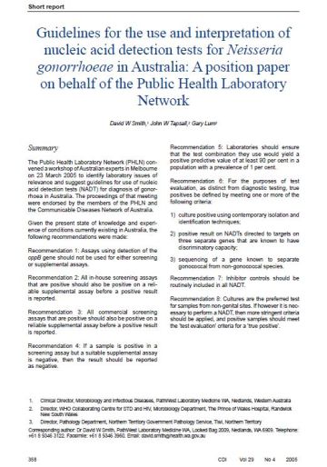 Cover image for PHLN Guidelines for the Use and Interpretation of Nucleic Acid Detection Tests for Neisseria gonorrhoeae in Australia