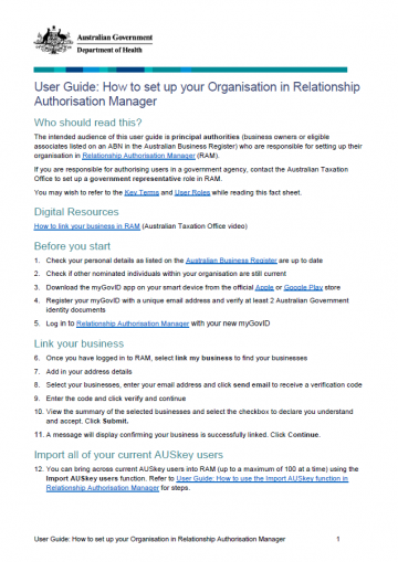 Cover image for User Guide: How to set up your Organisation in Relationship Authorisation Manager.