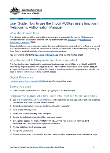 Cover image for User Guide: How to use the Import AUSkey users function in Relationship Authorisation Manager.