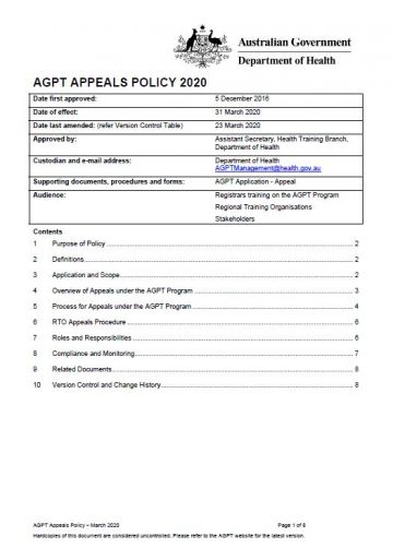 Cover image for AGPT Program Appeals Policy 2020
