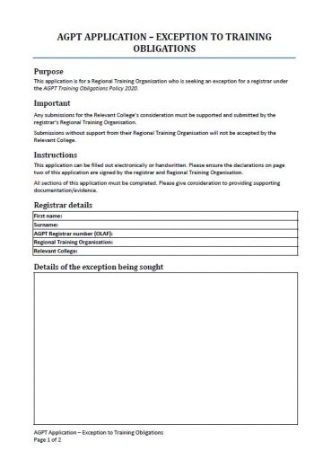 Cover image for AGPT Program Application – Exception to Training Obligations