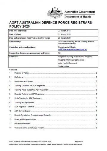 Cover image for AGPT Program Australian Defence Force Registrars Policy 2020