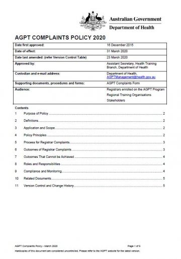 Cover image for AGPT Program Complaints Policy 2020