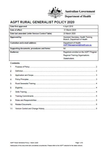 Cover image for AGPT Program Rural Generalist Policy 2020