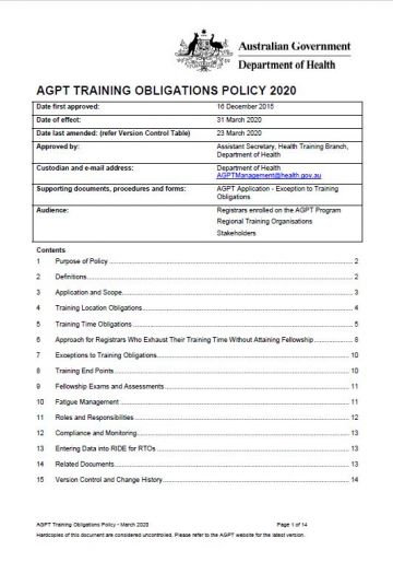 Cover image for AGPT Program Training Obligations Policy 2020