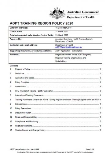 Cover image for AGPT Program Training Regions Policy 2020
