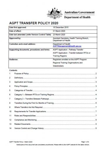 Cover image for AGPT Program Transfer Policy 2020