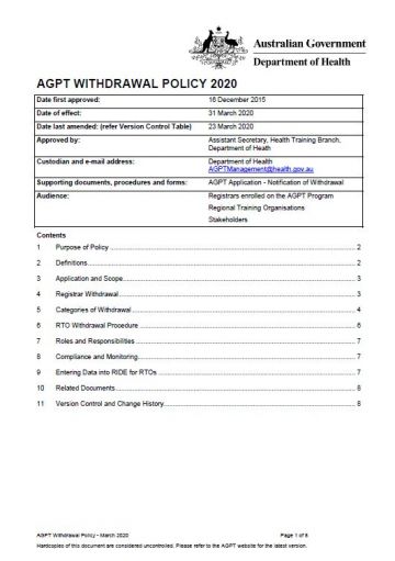 Cover image for AGPT Program Withdrawal Policy 2020