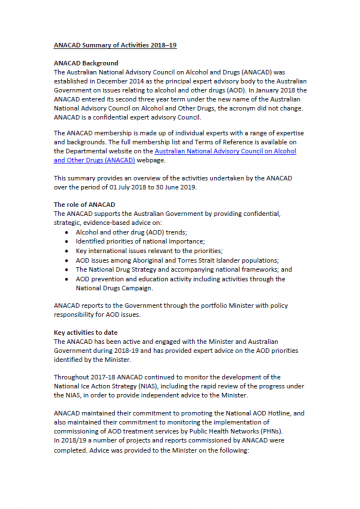 Cover image for ANACAD summary of activities 2018–19
