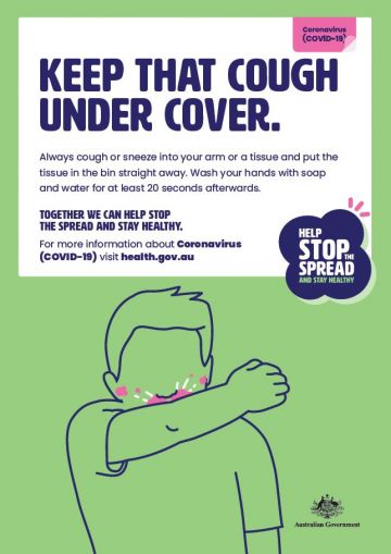 Poster promoting good hygiene practices when coughing and sneezing to prevent the spread of COVID-19.