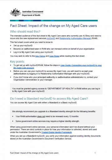 Cover image for Fact Sheet: Impact of the change on My Aged Care users
