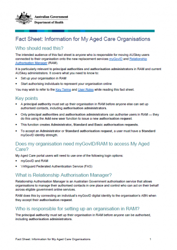 Cover image for Fact Sheet: Information for My Aged Care Organisations
