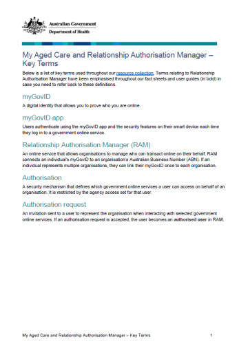 Cover image for My Aged Care and Relationship Authorisation Manager – Key Terms