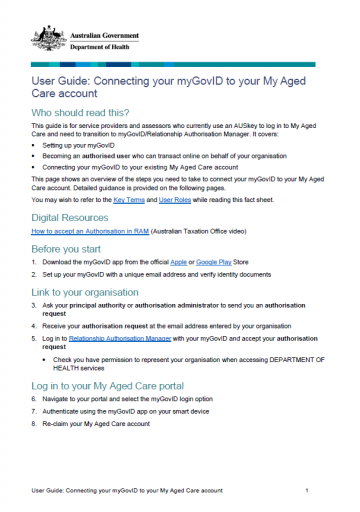 Cover image for User Guide: Connecting your myGovID to your My Aged Care account.