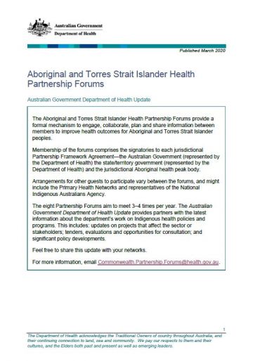 Cover image for Aboriginal and Torres Strait Islander Health Partnership Forums update March 2020