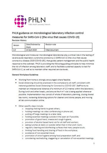 Cover image for PHLN guidance on microbiological laboratory infection control measures for SARS-CoV-2 (the virus that causes COVID-19)
