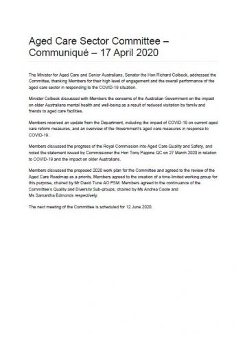 Cover image for Aged Care Sector Communique 17 April 2020