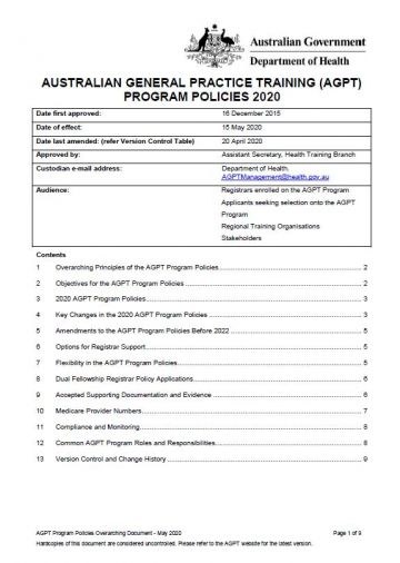 Cover image for AGPT Program Policies - overarching 2020