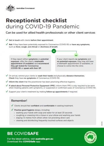 Coronavirus Covid 19 Allied Health Checklist For Receptionists Australian Government Department Of Health